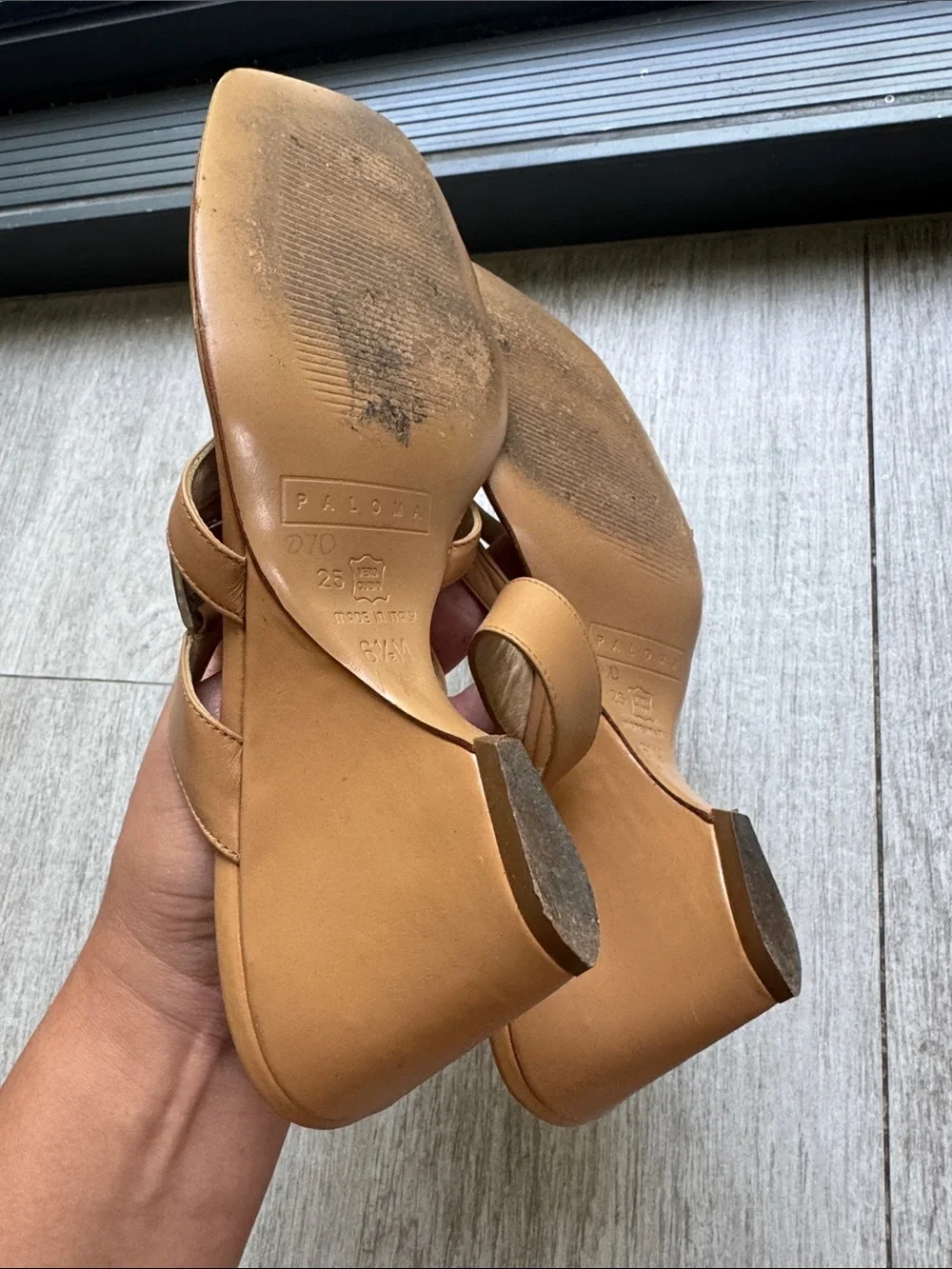 Paloma Tan Leather Crisscross Slide Sandals Made in Italy Vintage 6.5 Heels